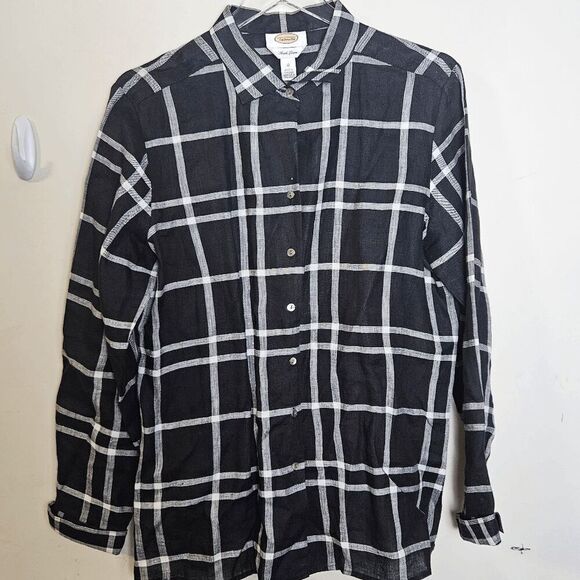 Talbots 100% Irish Linen Button Down Long Sleeve Plaid Top Women's Black/White S - Picture 1 of 4